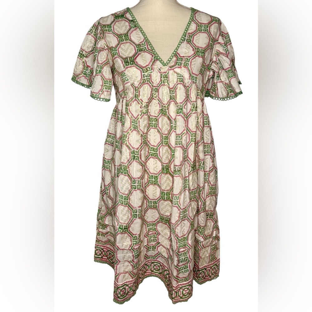 NWT Clara The Label Ruffle Sleeve Lined Gold Thread Trim Greta‎ Dress Small
